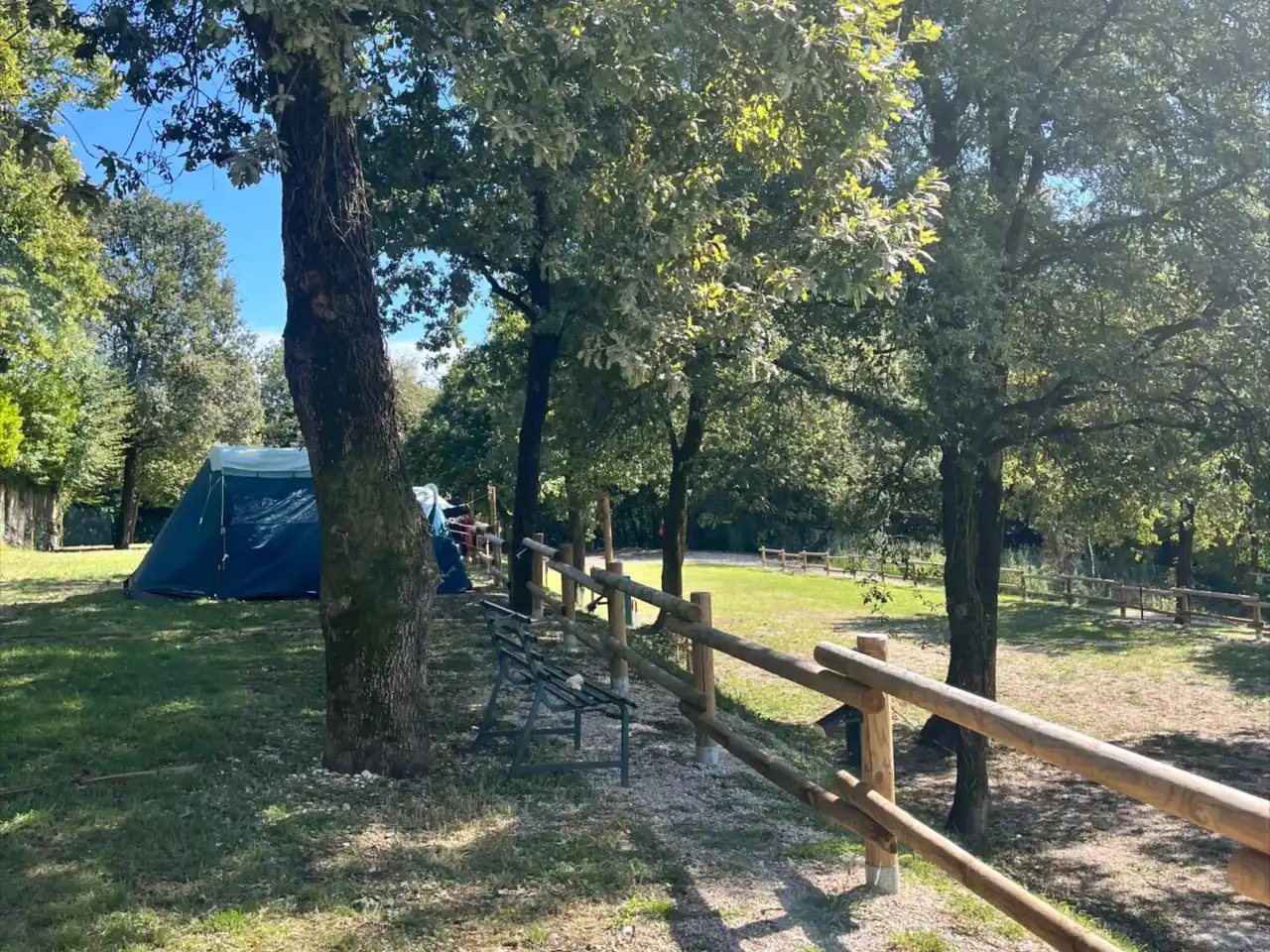 Una tenda blu sotto le querce, accanto a una staccionata di legno e a una panca, su una piazzola all'ombra.