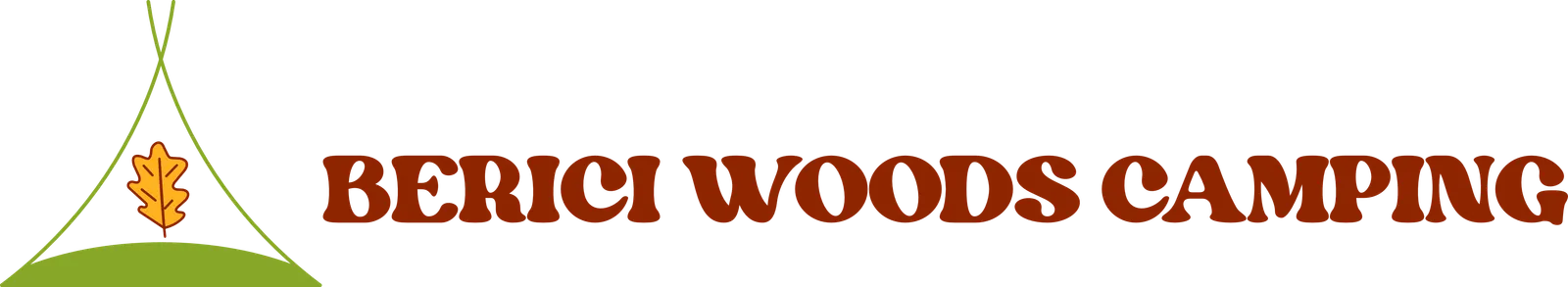 Il marchio di Berici Woods Camping: una tenda verde sulla collina con una foglia di quercia arancione, e il nome del campeggio.