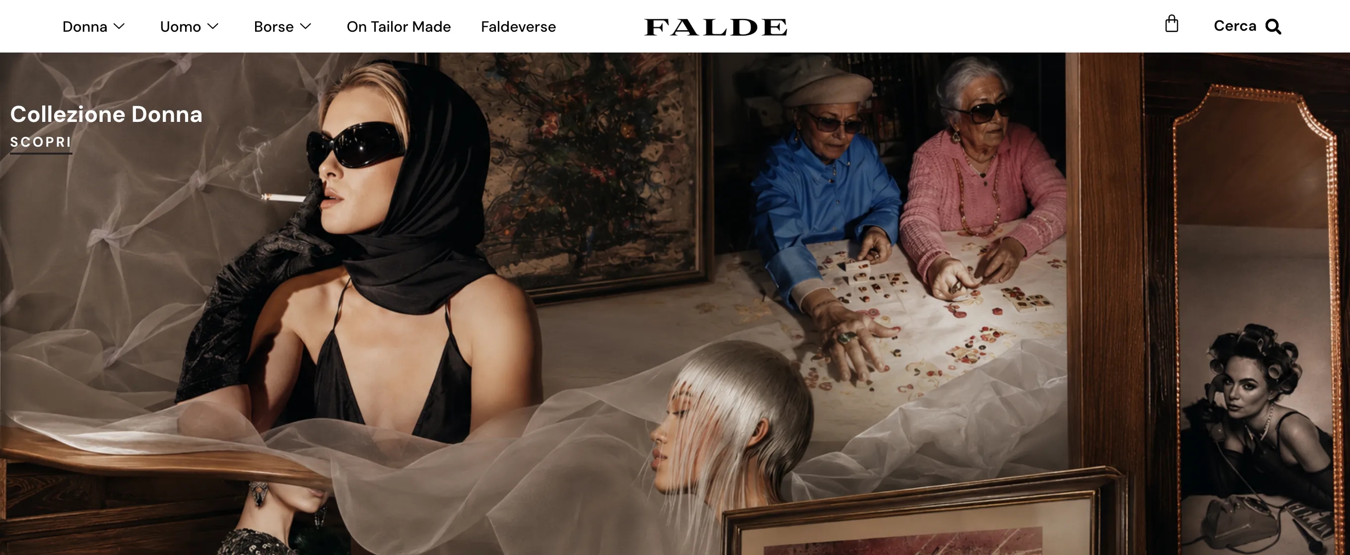 La parte alta della home di faldeatelier.com: il menu, il marchio FALDE e la fotografia della Collezione Donna.