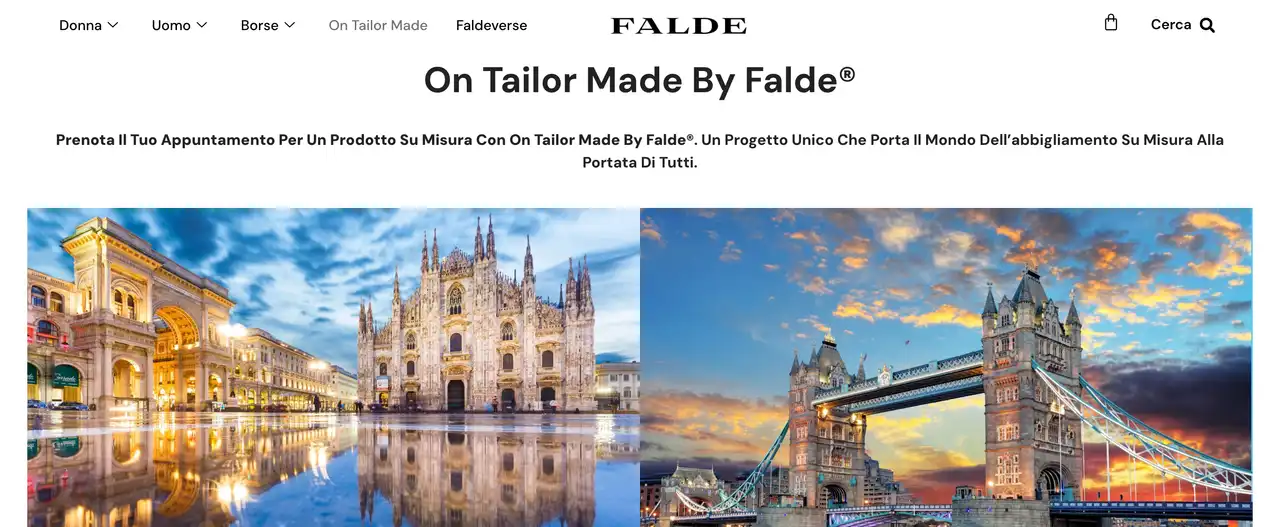 La pagina On Tailor Made di faldeatelier.com: il marchio, il menu, il titolo del servizio su misura e le fotografie di Milano e Londra.